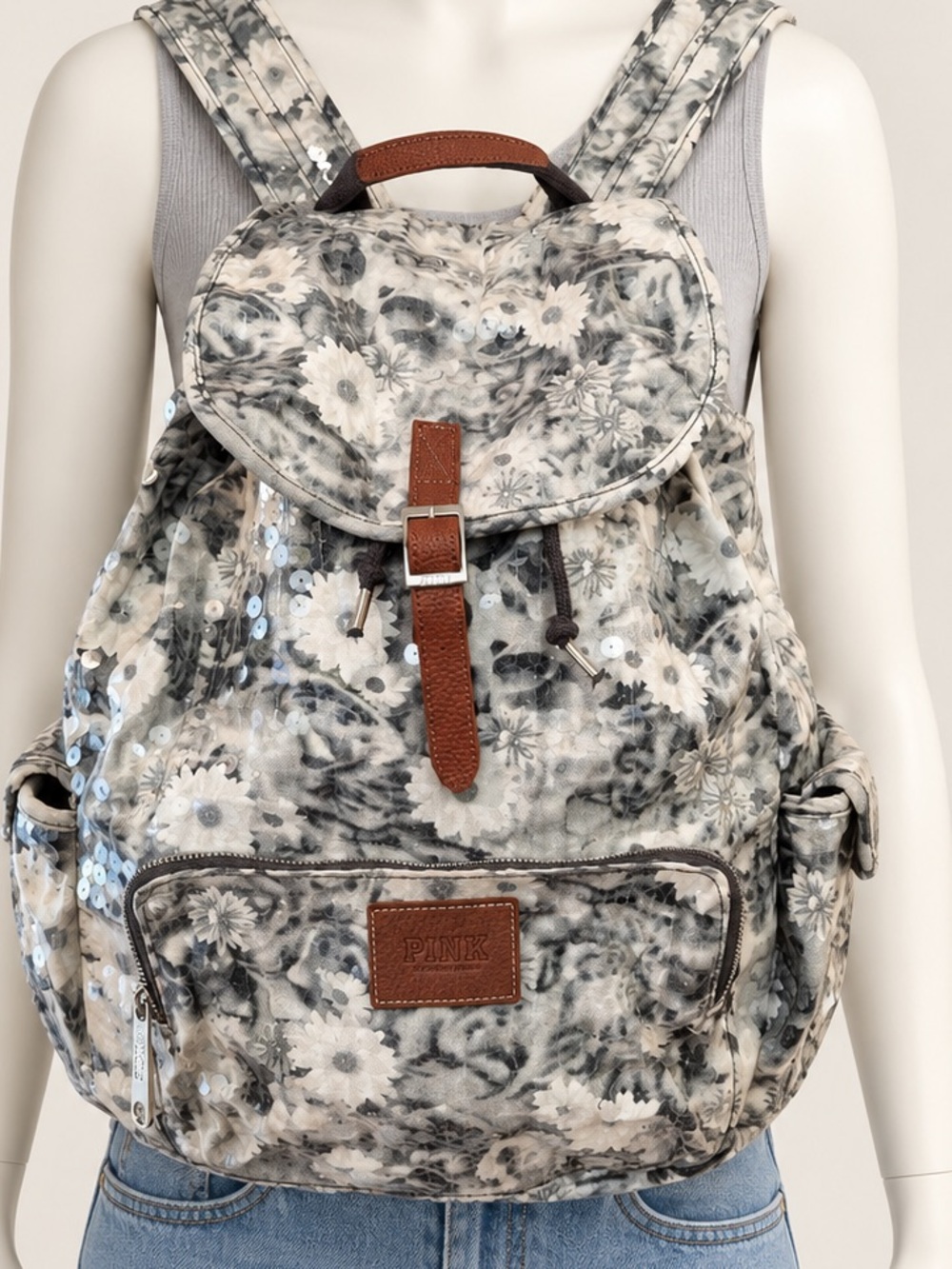 Victoria’s Secret PINK  Floral Sequins Gray Backpack
